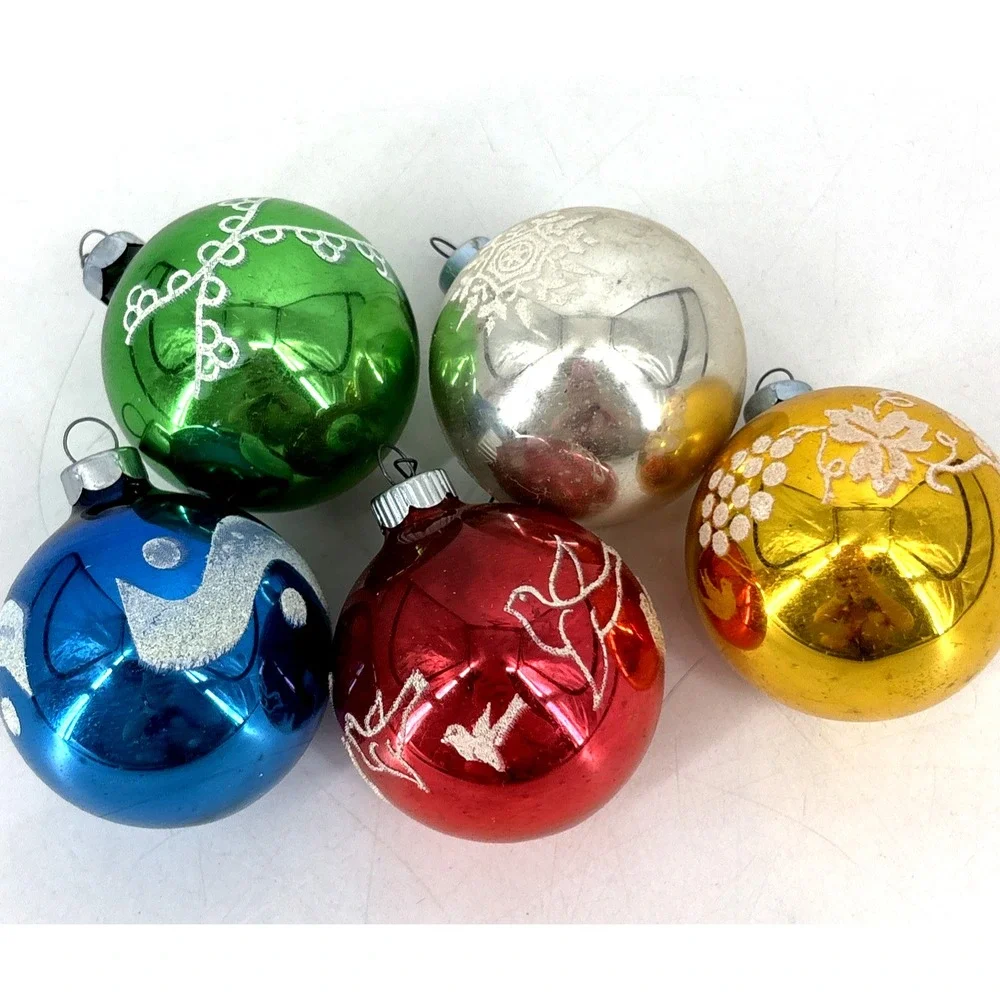 Vintage Lot 5 Stenciled Christmas Ornaments Mercury‎ Glass Shiny Brite Made USA